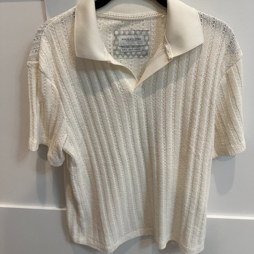 Denim & Flower by Ricky Singh Textured Knit Polo Shirt – Cream, Size S